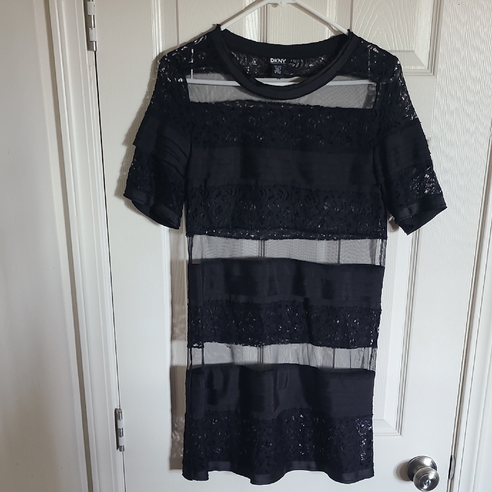 DKNY Black and Sheer Striped Dress
